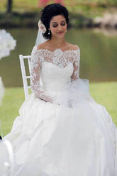 A-line Off Shoulder Long Sleeves Satin Lace Wedding Dresses, Bridal Gown